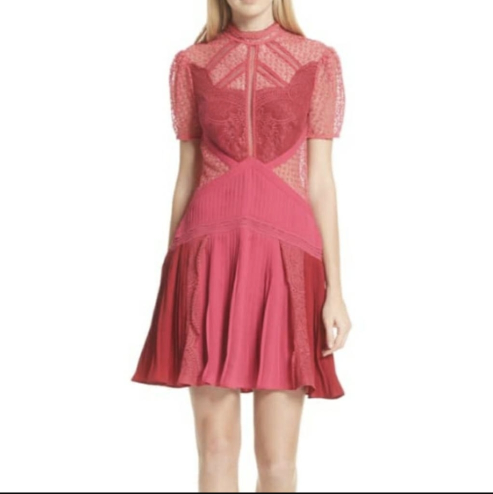 Self-Portrait Pink Lace & Pleated Mini Dress